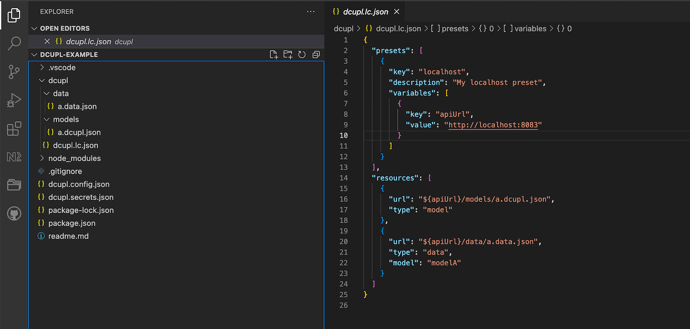 dcupl init Console dashboard projectId apiKey