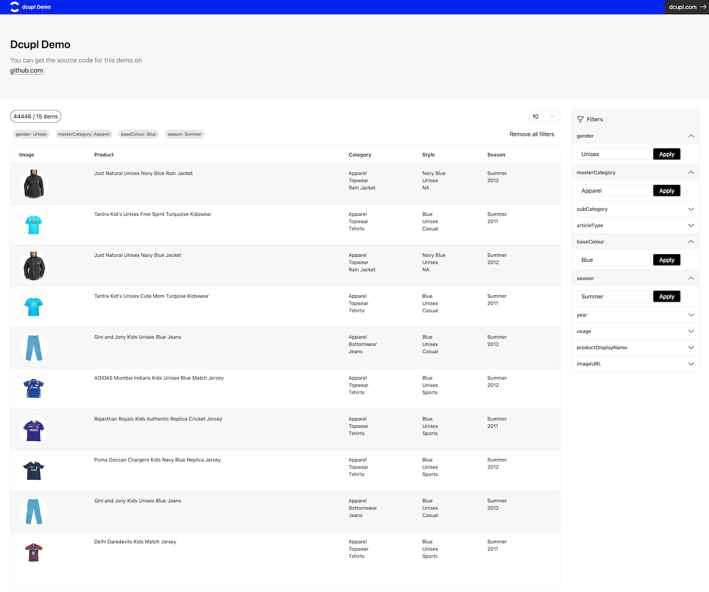 dcupl Console NBA demo application data explorer