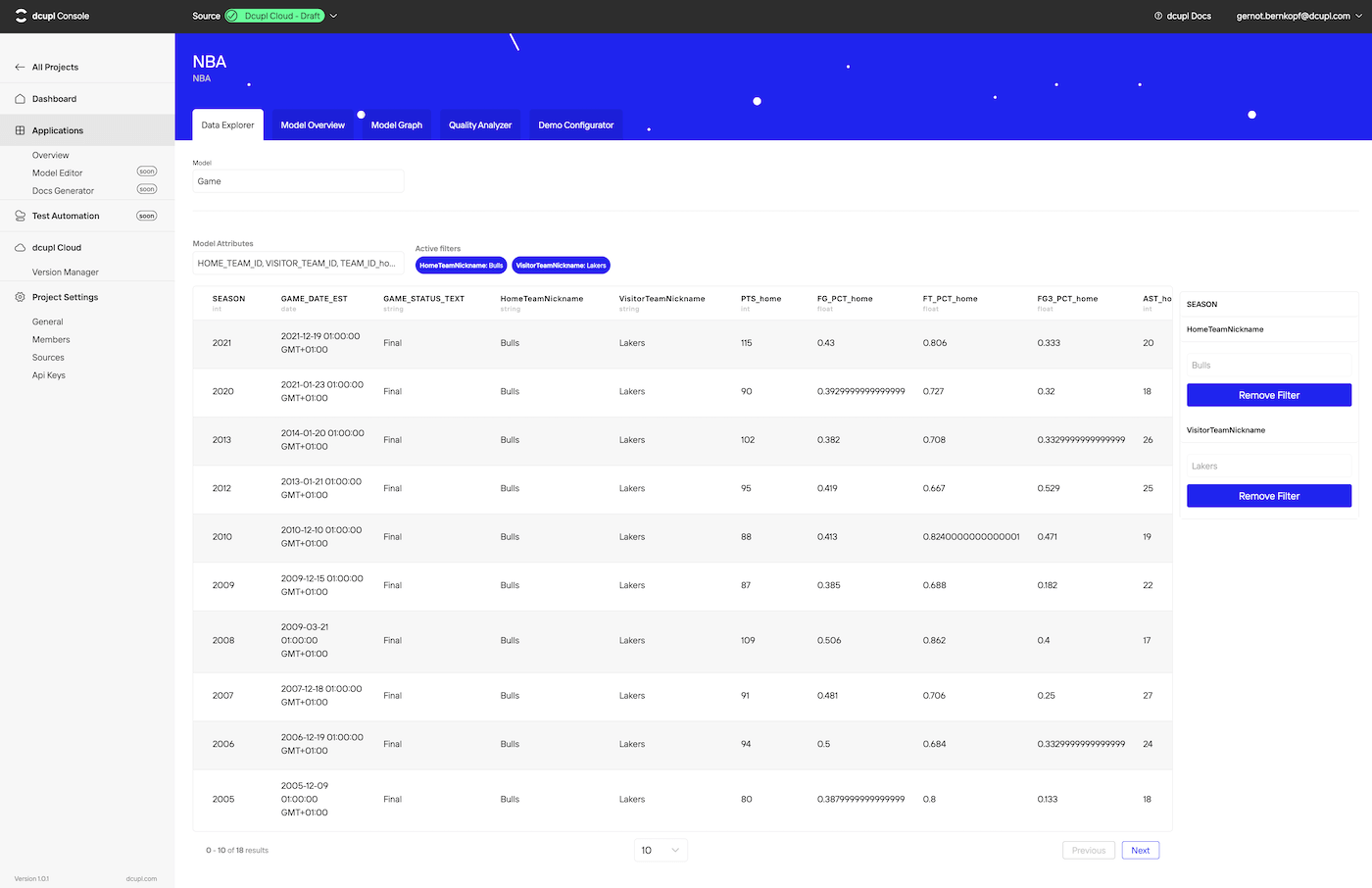 dcupl Console NBA demo application data explorer